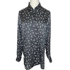 0039 Italy size XS Silk Button Front Tunic/Blouse Black and White Graphic Print